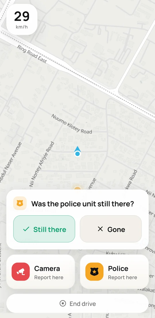 After passing a point, Qlotela asks: Was the police unit still there? with Still there and Gone buttons.